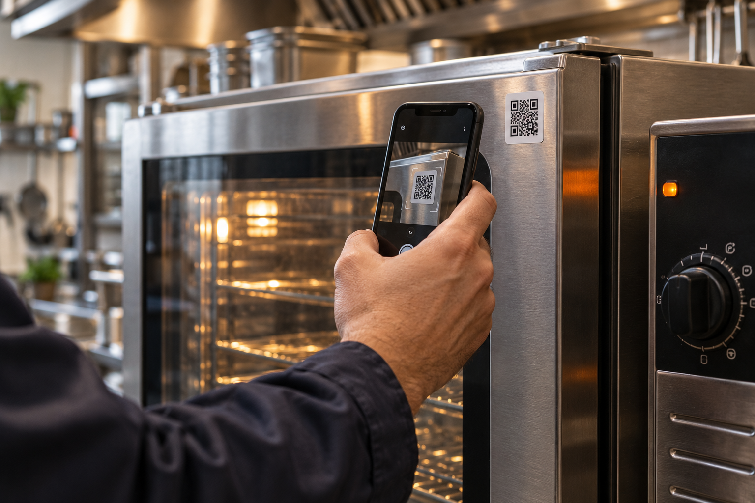 Immagine illustrativa: un tecnico inquadra il QR di un forno professionale con il telefono.